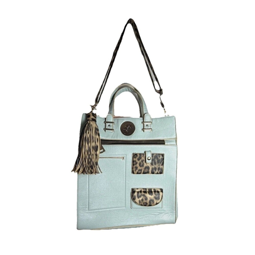 Plunder Design Mint Leopard Tote Bag Large Multi-Pkt Carryall w/ Charging Tassel